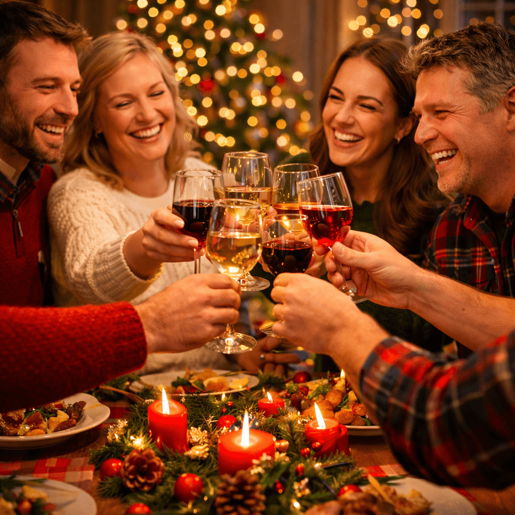 Friends celebrating and connecting at Christmas dinner party with games