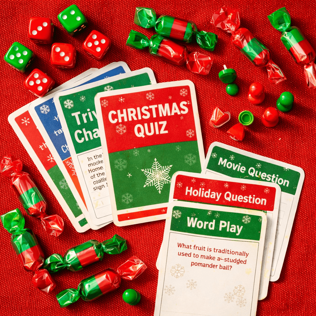 Christmas party game materials including dice, candies, and question cards