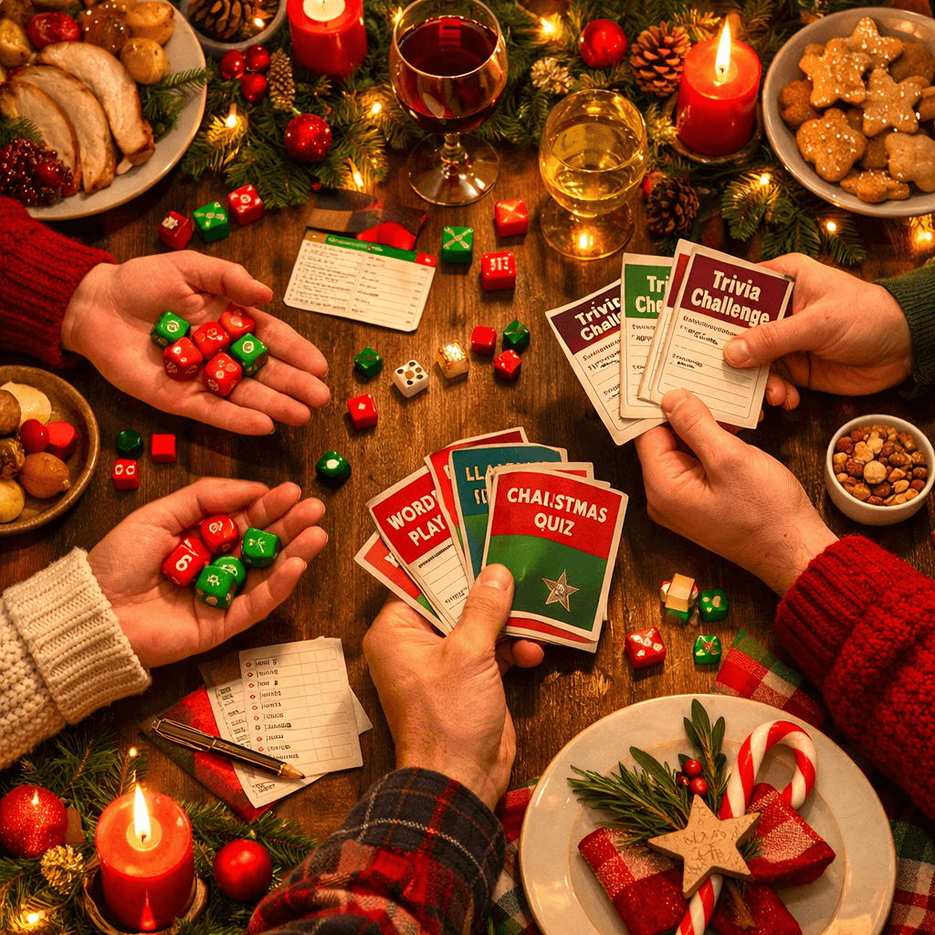 Christmas table icebreaker games with dice and cards on festive dinner table