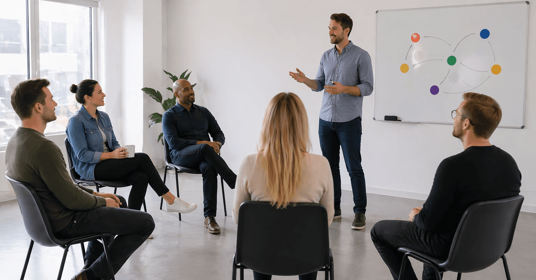 Adults in a real-life workshop using icebreaker games to start a session