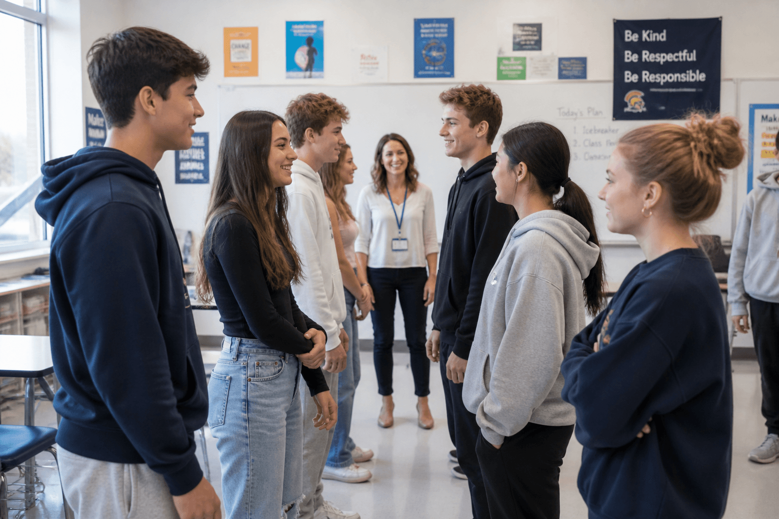 High school students taking part in a natural, non-cheesy icebreaker activity