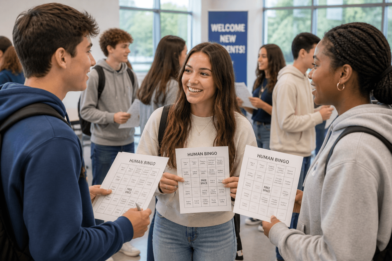 Students meeting and talking during a school orientation icebreaker