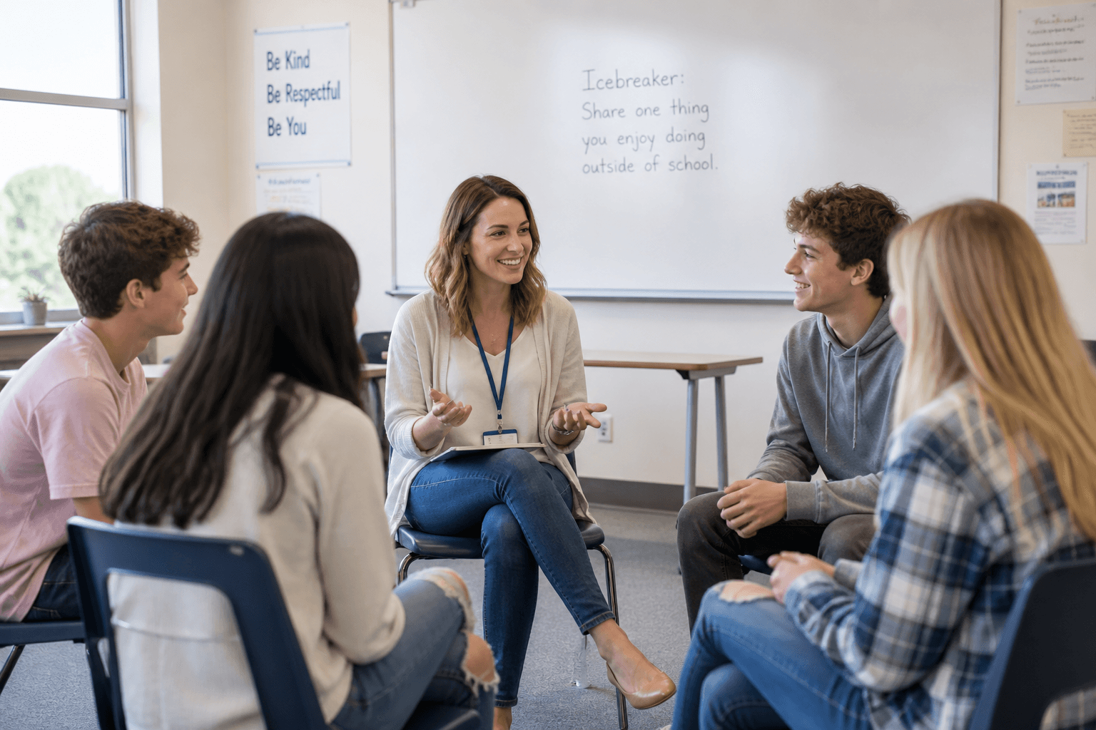 Students using a simple classroom icebreaker in a small group