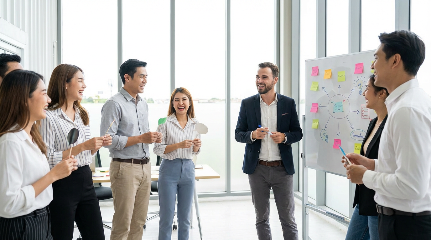 Professional facilitator leading engaging icebreaker games with diverse team members in modern office setting