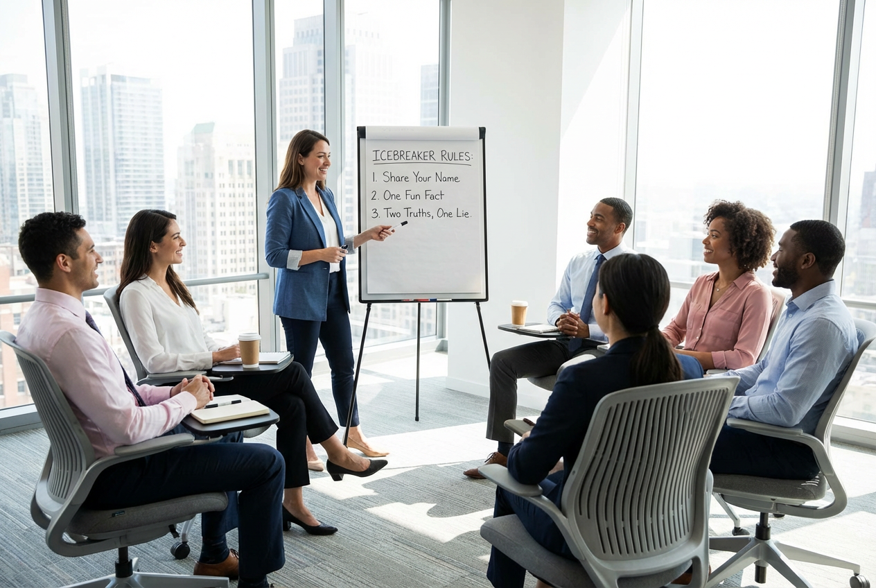 Professional female facilitator explaining icebreaker rules to engaged group