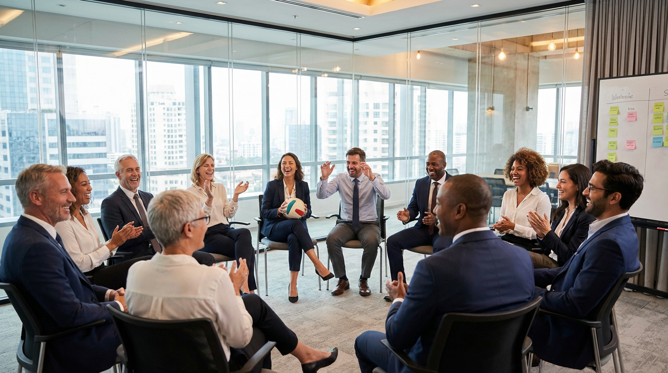 Diverse business professionals collaborating in team building icebreaker activity