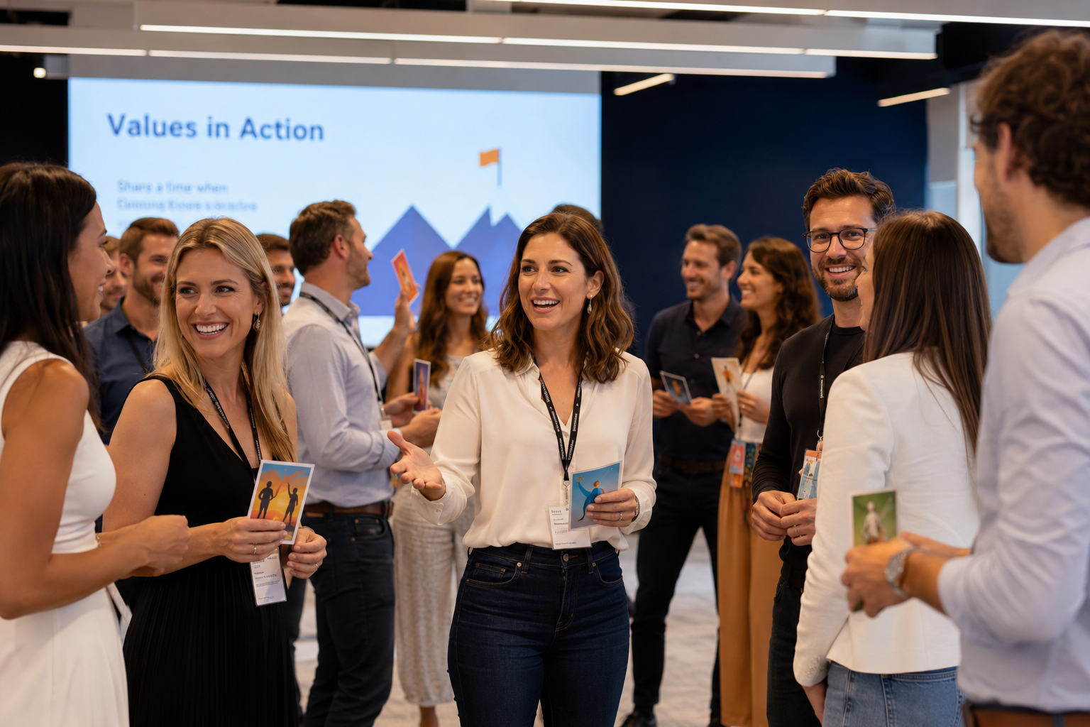 Find Your Match | Ice Breaker Games - Diverse adults matching cards in a modern conference room for networking ice breaker activities