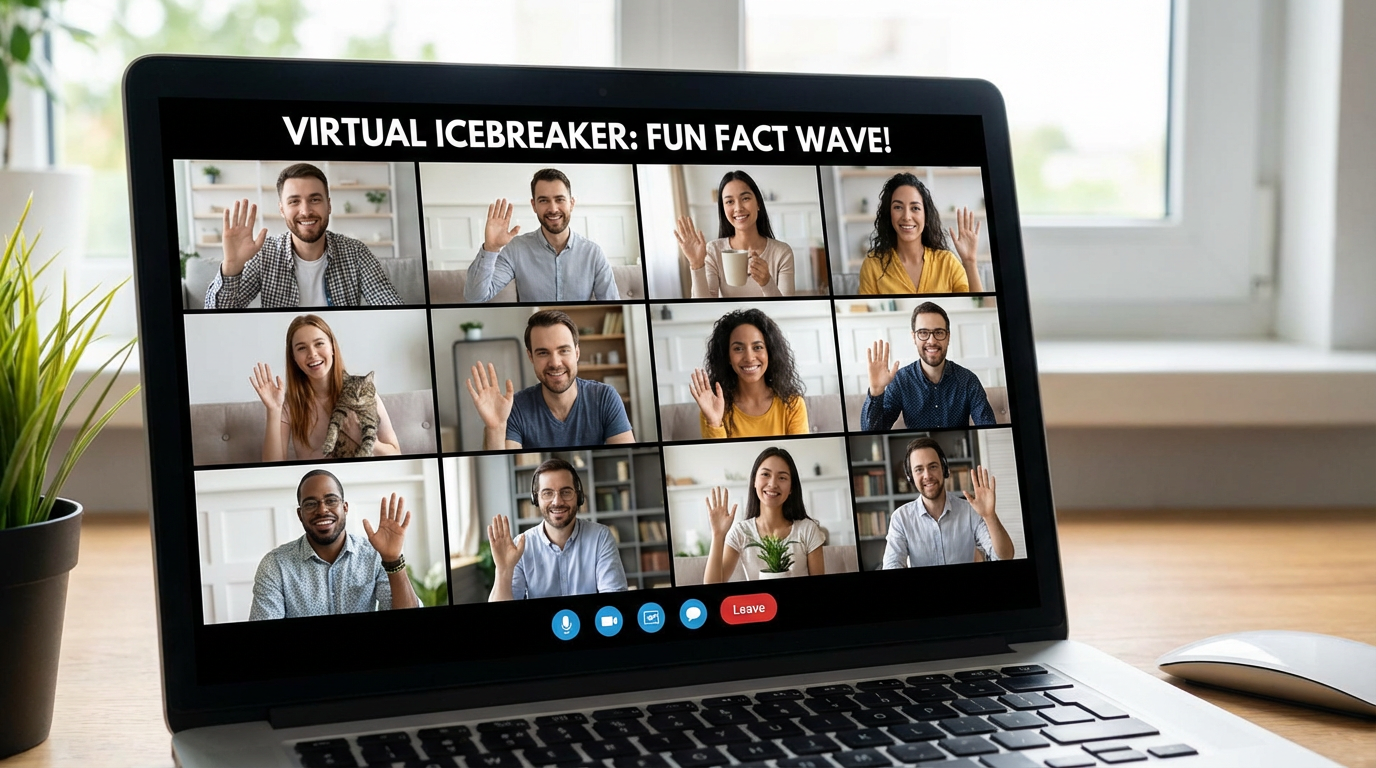 Split screen showing participants in video conference engaging in virtual icebreaker